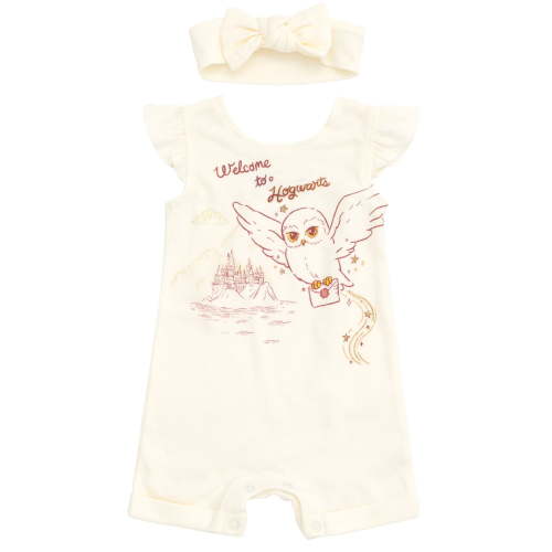 Harry Potter Hedwig Owl Newborn Baby Girls French Terry Romper and Headband White 0-3 Months