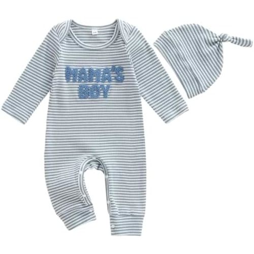 ZAXARRA Newborn Boy Stripe Romper Letter Embroidery Round Neck Jumpsuit with Hat