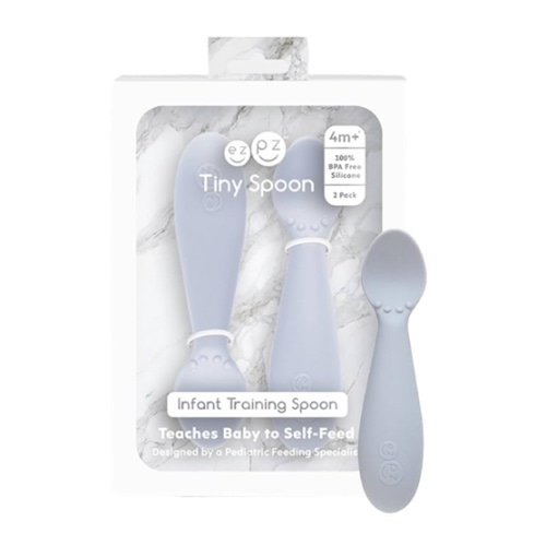 ezpz Tiny Spoon (2 Pack in Pewter) - 100% Silicone Baby Spoon for Baby Led Weaning + Purees - 6 months + - Designed by a Pediatric Feeding Specialist - Baby Essentials & Baby Gifts