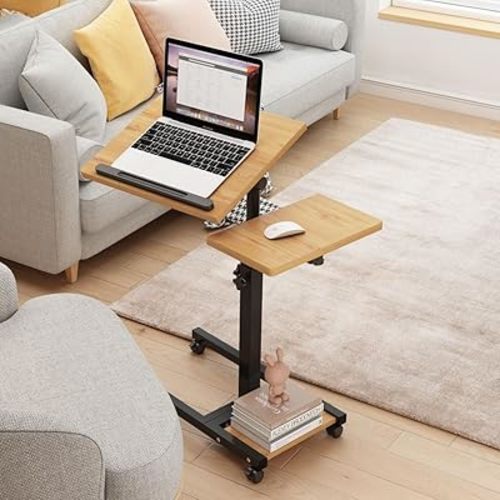Mobile Height Adjustable Laptop Desk with Mouse Pad, Portable Laptop Desk Rolling Tiltable Table with Small Side Table for Couch,Rolling Computer Stand