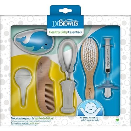 Dr. Brown's Healthy Baby Essentials Kit, Pacidose Medicine Dispenser, Nail Scissors with Case, Nasal Aspirator, Cradle Cap Brush Plus Comb, Cold Compress