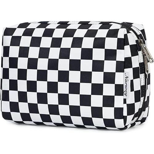 Narwey Checkered Makeup Bag Travel Cosmetic Bag Organizer Toiletry Bag Make Up Bags with Compartments for Women Girls (Large, Black Checkerboard)