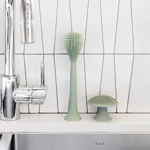 ezpz Kitchen Duo Set (Sage) - 100% Silicone Reusable Durable Long-Lasting Bottle Brush + Mushroom Sponge with Suction Base for Cleaning Dishes, Cookware and Feeding Accessories