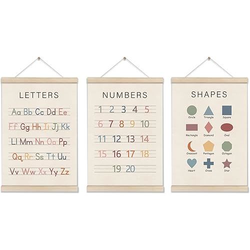 Set of 3 Alphabet Numbers Poster Hanger Frame, Preschool Learning Posters, Educational Canvas Wall Art, Montessori Nursery Wall, Toddler Room Decor for Boys Girls 16x12 Inch, Boho Classroom Decor
