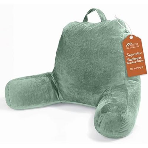 Sasttie Reading Pillow, Velvet Back Pillow for Bed Sitting Up, Adult Back-Rest Support Cushion with Arms for Sit Up on Couch, Sofa, and Floor, Dorm Essentials, Reading Accessories, Sage