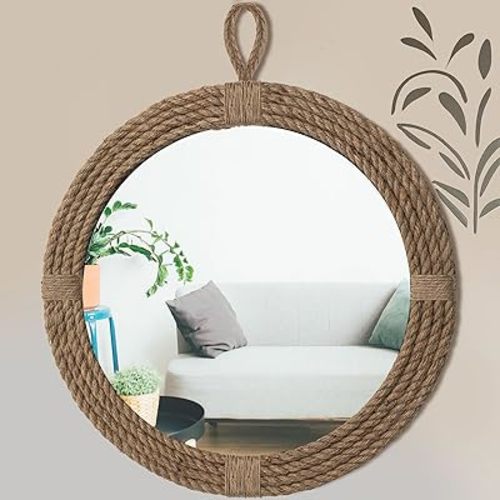 Nautical Mirror 24 Wall Decor with Rope Wrapped Trim and Hanging Loop Round Circle Coastal Boho Mirror Nautical Rustic Decorative for The Living Room, Bedroom Bathroom and Entryway