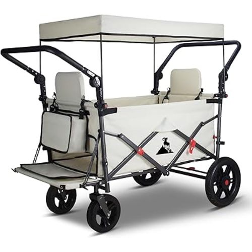 Foldable Wagon with Canopy - Collapsible Utility Cart with 2 Seats & Belts, Adjustable Handle, Expandable Front for Camping, Picnic, Shopping (Beige)