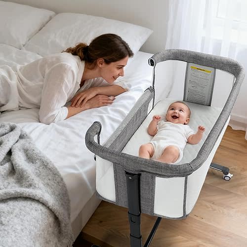Kinder King Baby Bassinet Bedside Sleeper, Newborn Baby Bedside Crib w/Wheels, All-Sided Mesh, Adjustable Height, Removable Soft Mattress, No Tool to Assemble, Grey