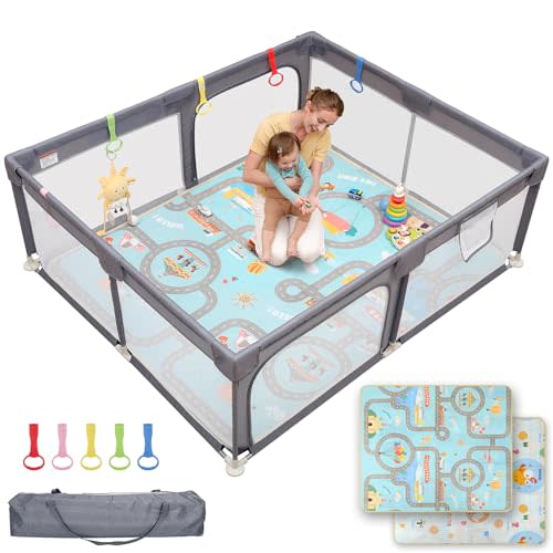 Dripex Baby Playpen with Mat, 71"x59" Play Pen for Toddlers 1-3 Years, Soft Breathable Visible Mesh, Indoor/Outdoor Portable Play Yard with Mat, Safe Baby Fence Play Area, Grey