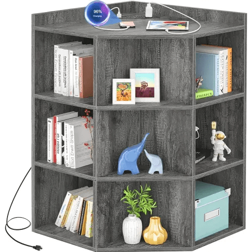 Aheaplus Corner Cabinet, Corner Storage with USB Ports and Outlets, Corner Cube Toy Storage for Small Space, Wooden Corner Cubby Bookshelf with 9 Cubes for Playroom, Bedroom, Living Room, Grey Oak