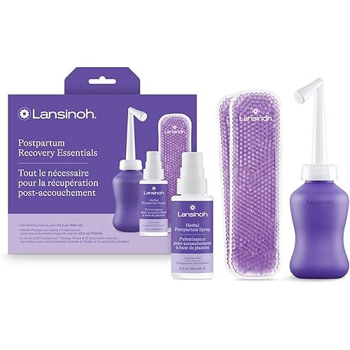 Lansinoh Postpartum Essentials Kit, Includes Upside Down Peri Bottle, Herbal Perineal Spray, Reusable Perineal Ice Packs and Sleeves