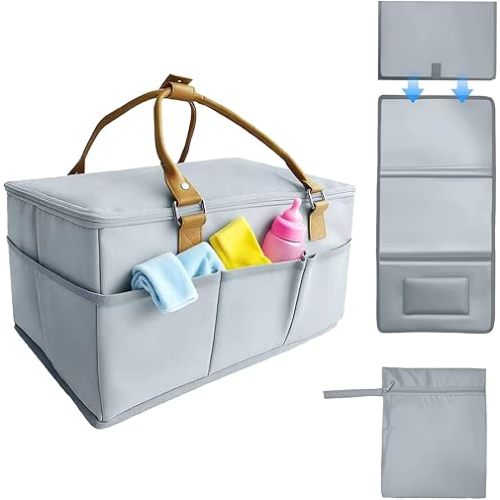 20L Extra Large Diaper Caddy Organizer | Zip-Top Cover & Changing Mat | 3 Compartments & 8 Open Pockets | Car Diaper Caddy, Large Nursery Storage Diaper