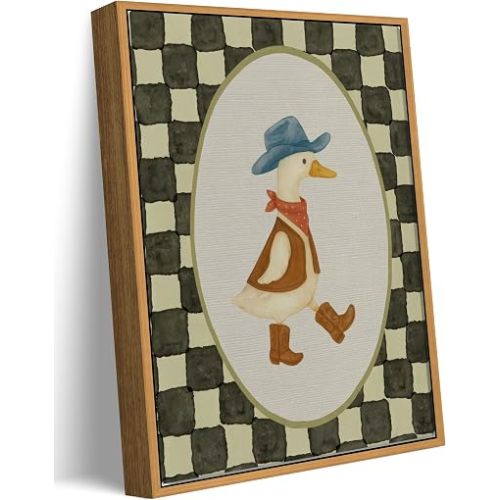 Framed Cowboy Duck Wall Art Print, Western Boho Kids Room Canvas Wall Decor, Cute Checkered Duck Painting Picture, Rustic Nursery Poster for Baby Bedroom Playroom Decoration, 12x16in