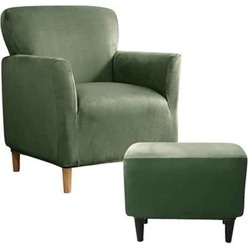 UNBBRRL Slipcover Set, Stretch Velvet Chair and Ottoman Cover, Banquet Armchair Covers for Living Room (Avocado, Chair + Rec Ottm)
