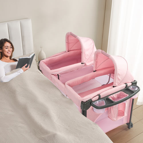 JOYMOR Twin Bassinet for Baby, Double Bassinet for Twins, Pink Bassinet for Girl Infant
