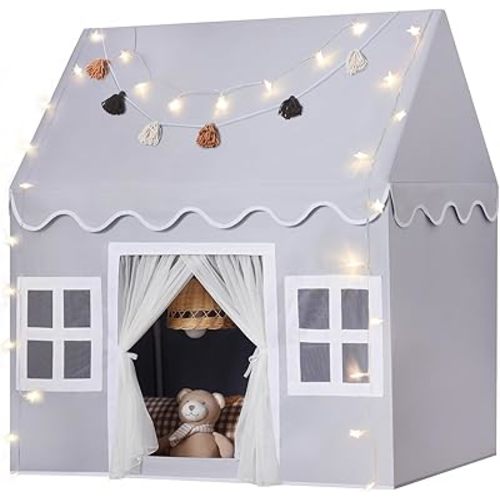Kids Play Tent Indoor: Mat, Tassel Garland, Star Lights - Gray Girl Tent Playhouse for Toddlers Kids Toys for Boy Girl Birthday Gift