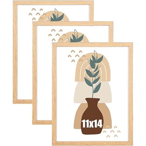 11x14 Picture Frame Oak Set of 3, Wooden Poster Frame for Wall Mounting Display for Home, Office,Gallery,Holiday with Photos, Posters, Puzzles