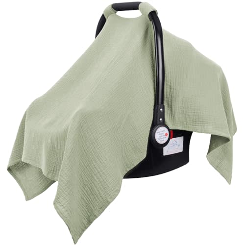 Metplus Muslin Car Seat Cover for Babies, 100% Cotton Infant Carseat Canopy | Breathable Baby Car Seat Cover for Summer, Lightweight Stroller Sunshade Covers for Newborns, Baby Shower Gift (Sage)
