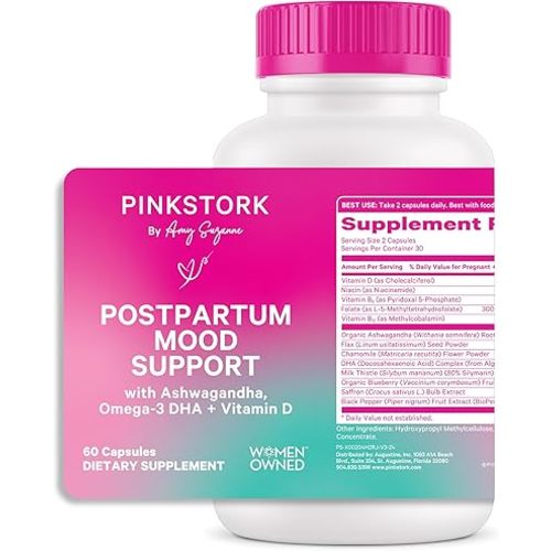 Pink Stork Postpartum Mood Support - Postnatal Hormone Balance for Women - Breastfeeding Friendly - Stress & Cognitive Support, New Mom Essentials - Ashwagandha, Chamomile, & Vitamin D, 60 Capsules