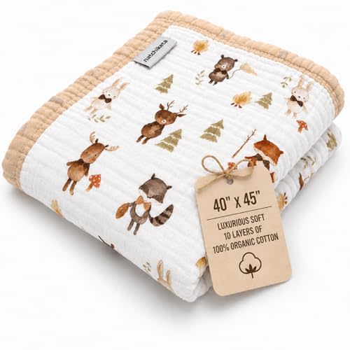 Organic Cotton Muslin Baby Blanket for Boys and Girls - Luxurious Soft Toddler Quilt for Swaddling - Gender Neutral Blanket - Baby and Toddler Gift - Forest Friends
