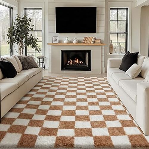 Checkered Rug 8x10 for Living Room, Beige and White Modern Shag Rug Washable Non-Slip Large Area Rug Super Soft Indoor Fuzzy Carpet Fluffy Rugs for Bedroom Home Aesthetic Decor