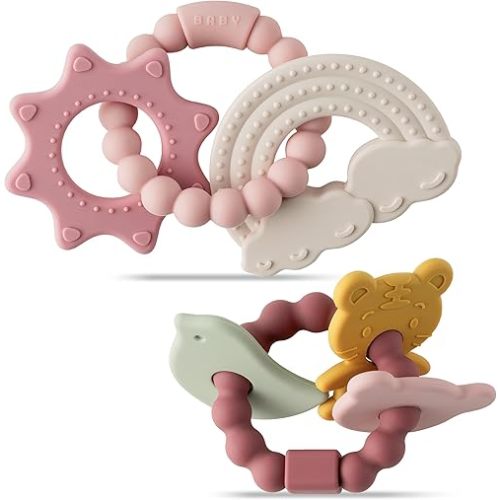 Valentine Silicone Teether Toys for Babies - 2ooya 2Pcs Rainbow Bear Themed Teething Ring Infant Soft Teethers, Toddler Teething Chew Toys for Newborn Boy and Girl Spring Baby Shower Birthday Gifts