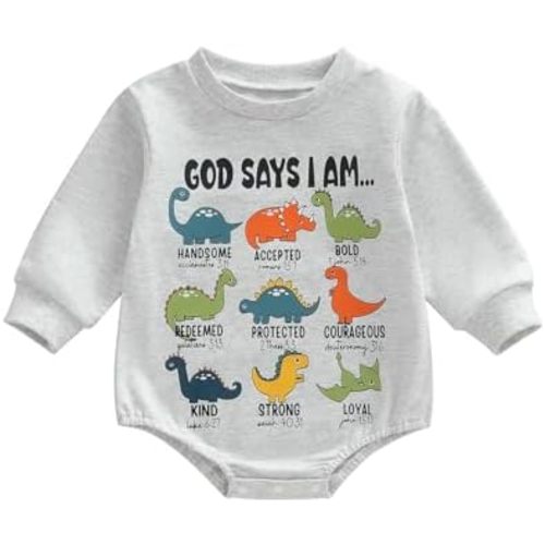 God Says I Am Baby Boy Girl Romper Long Sleeve Crew Neck Letters Dinosaurs Graphic Sweatshirt Onesie