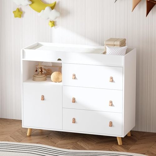 Baby Dresser with Changing Table Top, 4 Drawers Nursery Dresser with Removable Guard, Infant Diaper Changing Station Baby Cloth Organizer for Nursery and Kids Bedroom, White - 44.9" W