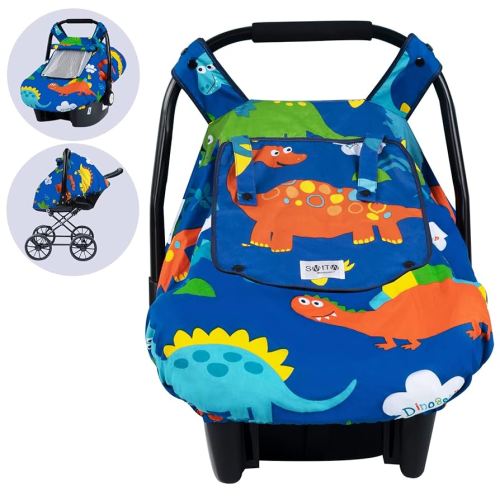 SMTTW Baby Car Seat Covers, Infant Car Canopy for Spring Summer Autumn Winter, Universal Fit, Snug Warm Breathable, Car Seat Canopy for Boys Girls (Dinasour)