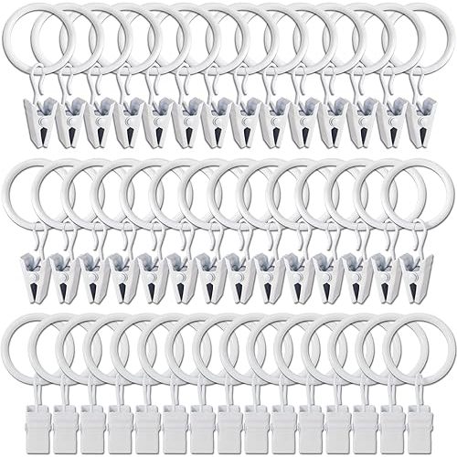 44 Pack White Curtain Rings with Clips, Curtain Hooks Hangers Clip Rings for Hanging Drapes Bows Hat, Drapery Rings 1 in I D, Fits up to 5/8 in Diameter Curtain Rod.