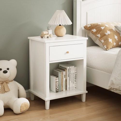 DKYNDSYN Modern Nightstand with Drawer and Open Shelf, Metal Handle, 19.68"W x 14.96"D x 26.77"H, Engineered Wood, White