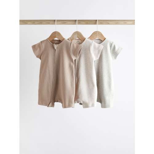 Neutral 3 Pack Two Way Zip Baby 100% Cotton Rompers (0mths-3yrs)