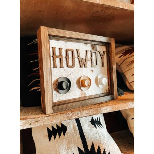 Howdy Framed Cowboy Hat On Cowhide Decor // Western Home Decor // Western Art // Ranch Home Decor // Cowboy Cowgirl Home Decor // Rodeo