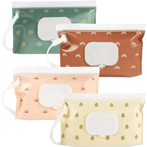 FEBSNOW 4 Pack Portable Refillable Baby Wipes Dispenser, Boho Style Rectangular EVA Wipes Case, Multicolor