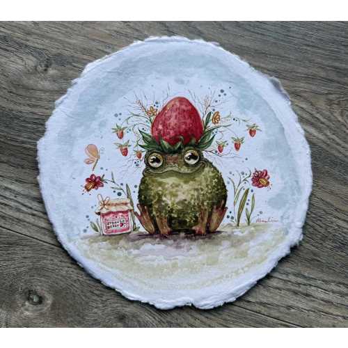 whimsical frog, watercolor, cute frog, strawberry, summer art, fairy core