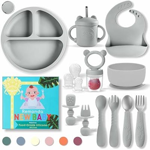Baby Led Weaning Supplies,Silicone Baby Feeding Set, Baby Gifts,Suction Plate Bowl Set, Self Feeding Utensil Sets, Bib, Cup, Fruit Feeder, First Stage Eating Essentials, 6+ Months（Grey）