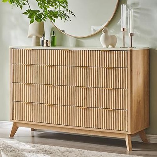 T4TREAM Fluted 9 Drawer Dresser, Modern Chest of Drawers with Faux Marble Top, Curved Profile Design, Dresser TV Stand, Wood Drawer Organizer for Bedroom, Living Room, Hallway, Natural Oak
