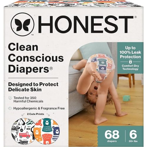 The Honest Company Clean Conscious Diapers for Delicate Skin | Up to 100% Leakproof | Hypoallergenic, Fragrance Free | Gender Neutral | Super Club Box, Size 6 (35+ lbs), 68 Count (Prints May Vary)