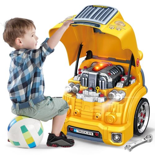 POFJOEQ Interactive Truck Engine Toy with Removable Parts - Lights, Sounds, and Fun for Young Mechanics -Unleash Their Creativity and Motor Skills with This Truck Engine Toy (Yellow)
