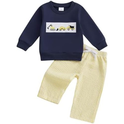 Toddler Baby Boy Fall Winter Clothes Construction Vehicle Embroidery Sweatshirt + Joggers Pants Sets Infant Outfit