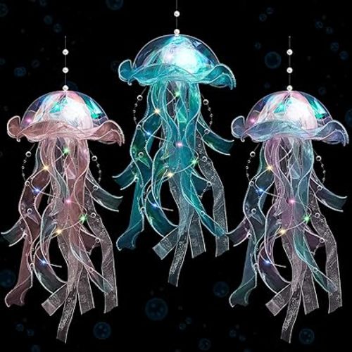 3 Pcs Jellyfish Lamp Colorful Jelly Fish Light Lamp Hanging Jellyfish Decorations LED Jellyfish Lantern for Birthday Under Sea Mermaid Wedding Baby Shower Ocean Theme Ceiling Bedroom Decor