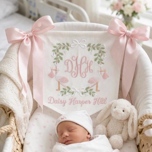 Custom Baby Banner For Hospital Door Sign & Nursery, Monogram Baby Announcement Banner, Embroidered Baby Name Banner for Baby Shower Gift