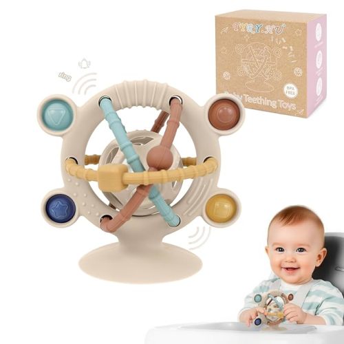 TYRY.HU Silicone Baby Teething Toys for Babies 0-6 6-12 Months, Multi Purpose High Chair Toys with Suction Cup, Baby Suction Table Toys, Montessori Sensory Toys with Rattle for Teething Relief, Khaki