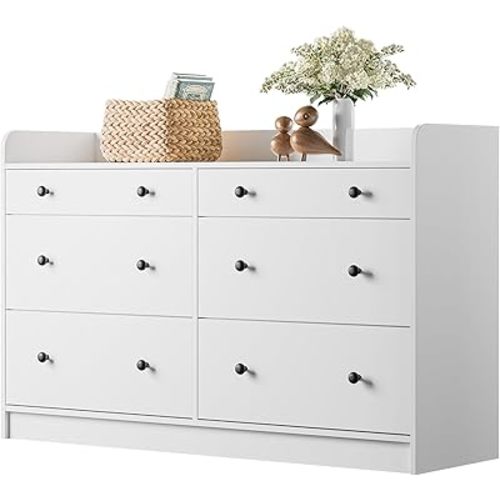 Cozy Castle 6 Drawer Dresser for Bedroom, Large Wood Dressers & Chests of Drawers 52'' Long Modern Sideboard Buffet Cabinet with Storage Accent Cabinets for Hallway, Entryway, White