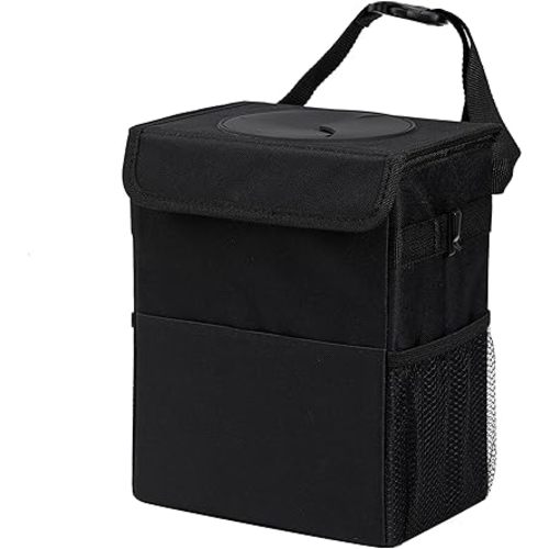Car Garbage can with lid Leak Proof Vehicle Trash Can 3 Storage Pockets Hanging Waterproof car Trash Bag for SUV Black