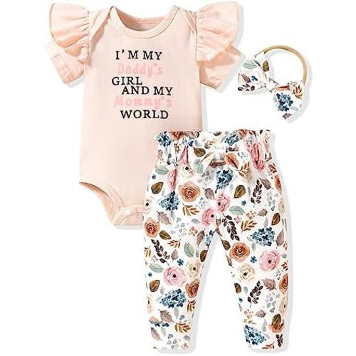 fioukiay Preemie Newborn Baby Girls Clothes Infant Little Kids Romper Bodysuit Pants Headband Clothing Set Summer Outfits