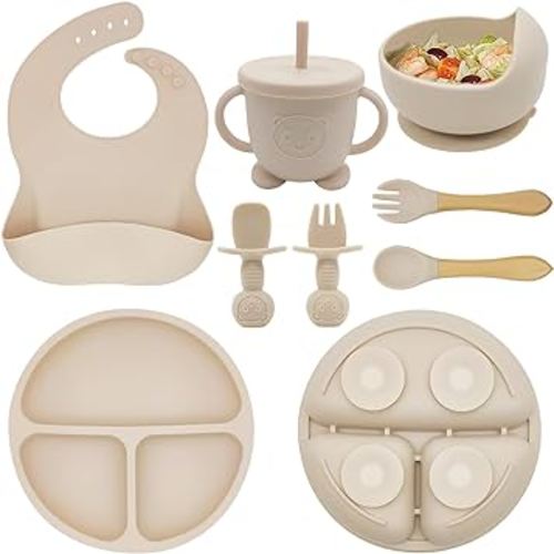 Silicone Baby Feeding Set | Baby Led Weaning Supplies Includes Suction Bowls and Divided Plates, Adjustable Bib, Baby Utensils Spoons and Forks,Cup | Baby Feeding Essentials (Beige)