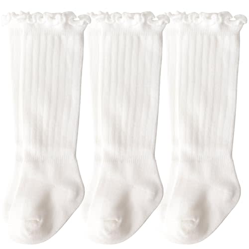 DRESHOW BQUBO Baby Girls Knee High Socks Infants Toddlers Kids Ruffled Socks Uniform Dress Socks Knit Cotton Long Stockings