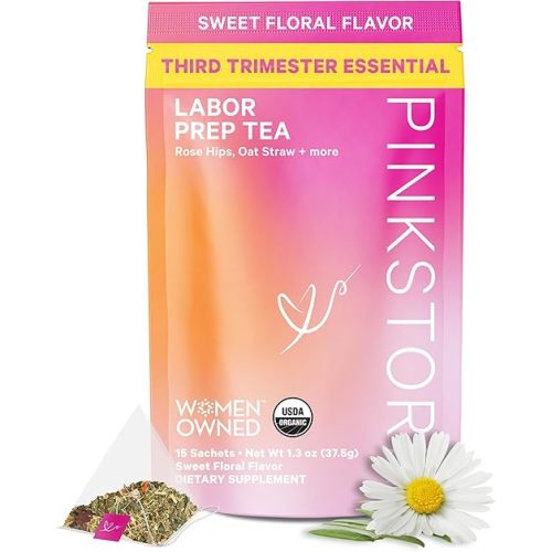 Pink Stork Labor Prep Tea, Organic Red Raspberry Leaf with Chamomile and Rosehip, Caffeine-Free, Pregnancy Must Haves, Labor and Delivery Essentials, Third Trimester Pregnancy - 15 Sachets | Organic, Caffeine-Free, Pregnancy Must Haves