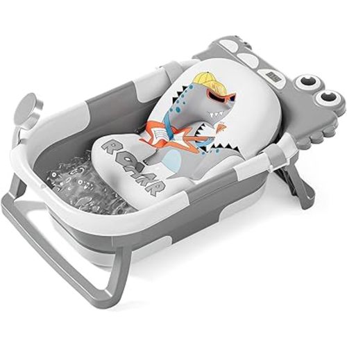 TPN Collapsible Baby Bathtub for Infants to Toddler with Real-time Temp Monitor+Floating Cushion,Foldable Baby Bath Tub Set Applicable 0-36 Month,Perfect Portable Travel Baby Tub for Newborns Boy